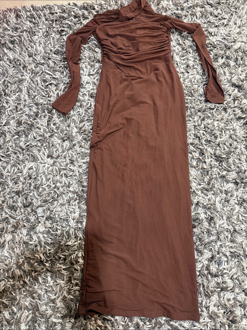 Long Sleeve Brown Ruched Maxi Dress